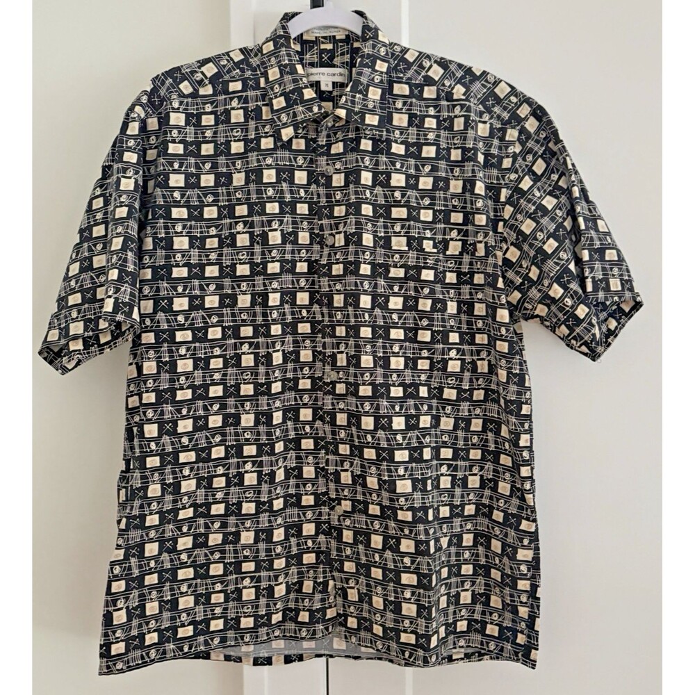Pierre Cardin Shirt Mens M Vintage Black Beige Geometric Short Sleeve Button Up